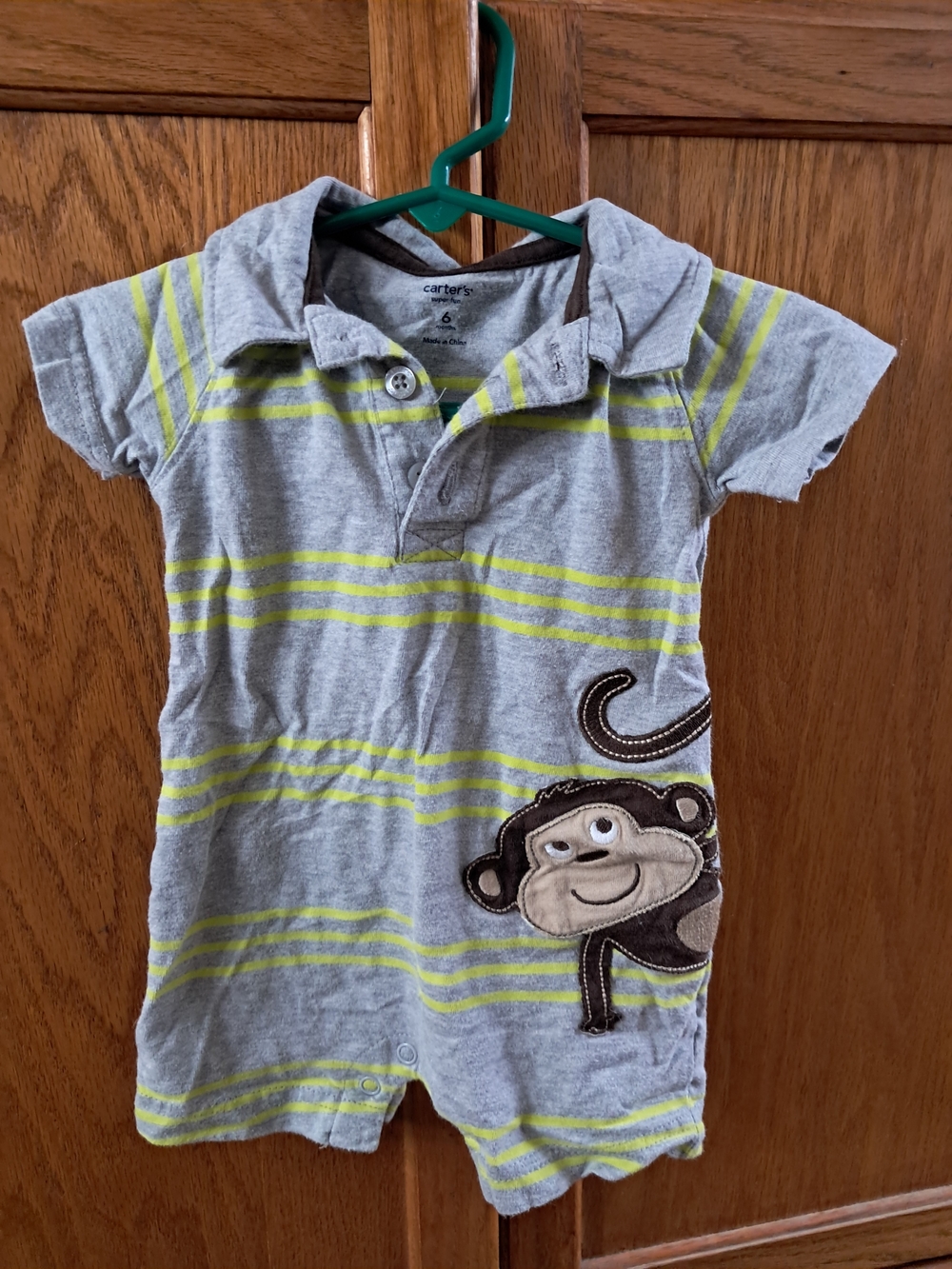 Carter's Gray & Lime Striped Baby Romper with Monkey Applique